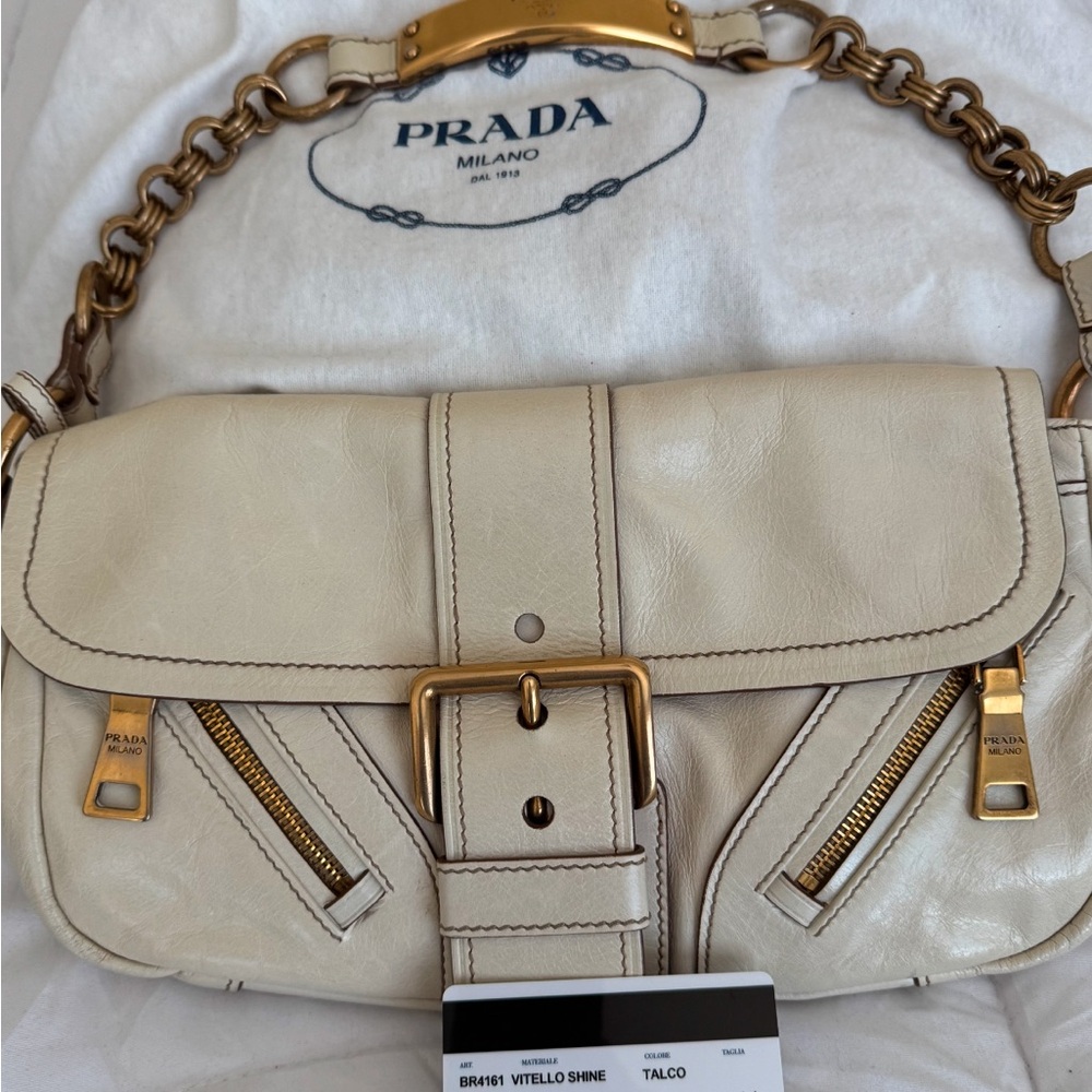 Prada White Leather Shoulder Bag with Gold Accents